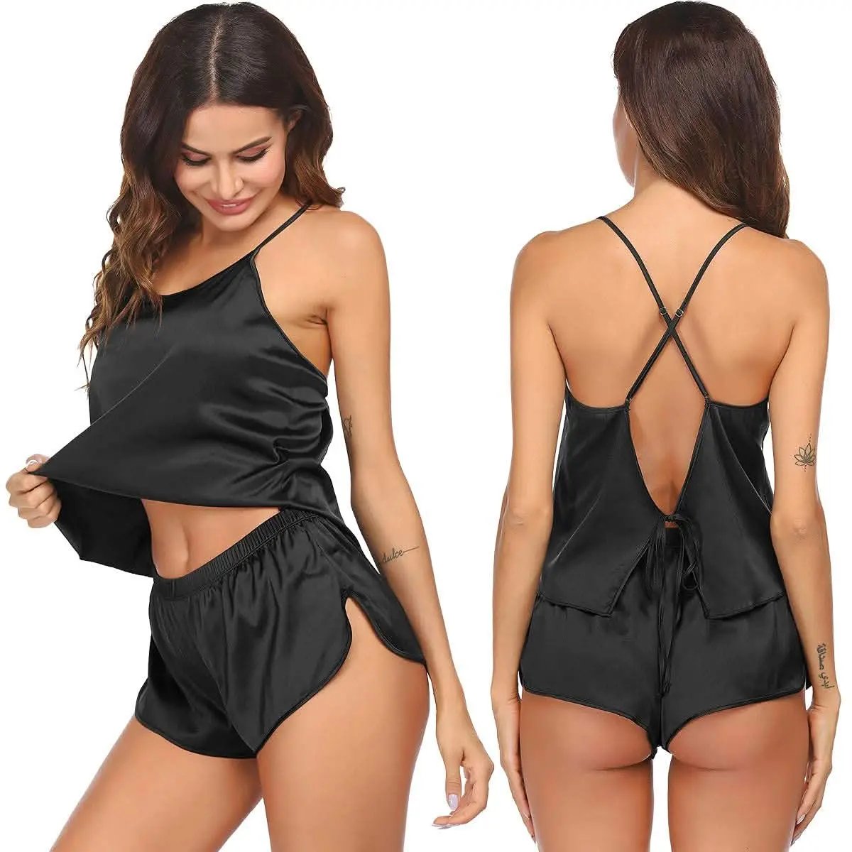 Silk Pajamas Set for Women Satin Backless Lingerie Pjs Cami Top and Shorts Nightwear - Love Salve